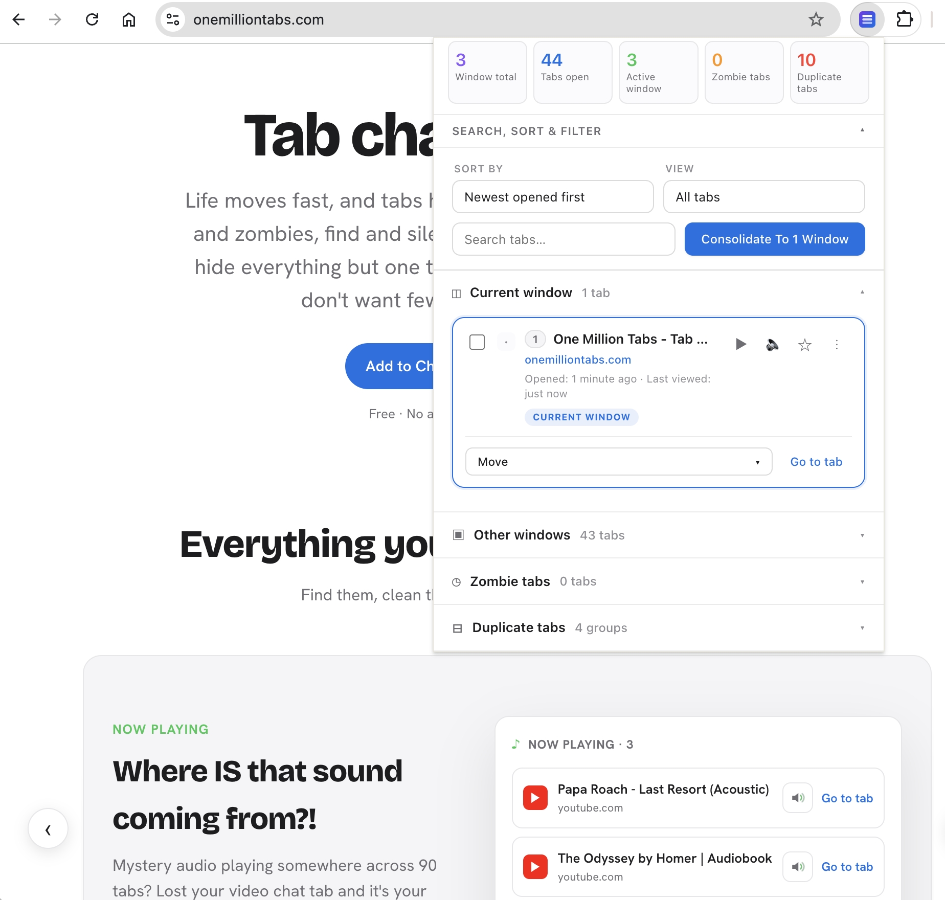 One Million Tabs Chrome extension screenshot
